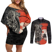 Japanese Dragon Katana Enso Couples Matching Off Shoulder Short Dress and Long Sleeve Button Shirt Japan Pagoda Seamless Cloud - Wonder Print Shop