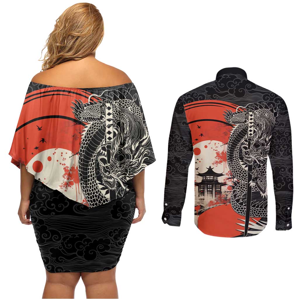Japanese Dragon Katana Enso Couples Matching Off Shoulder Short Dress and Long Sleeve Button Shirt Japan Pagoda Seamless Cloud - Wonder Print Shop