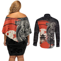 Japanese Dragon Katana Enso Couples Matching Off Shoulder Short Dress and Long Sleeve Button Shirt Japan Pagoda Seamless Cloud - Wonder Print Shop