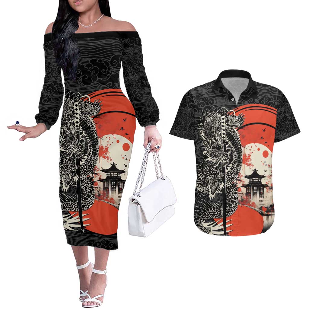 Japanese Dragon Katana Enso Couples Matching Off The Shoulder Long Sleeve Dress and Hawaiian Shirt Japan Pagoda Seamless Cloud - Wonder Print Shop