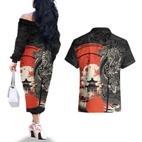 Japanese Dragon Katana Enso Couples Matching Off The Shoulder Long Sleeve Dress and Hawaiian Shirt Japan Pagoda Seamless Cloud - Wonder Print Shop