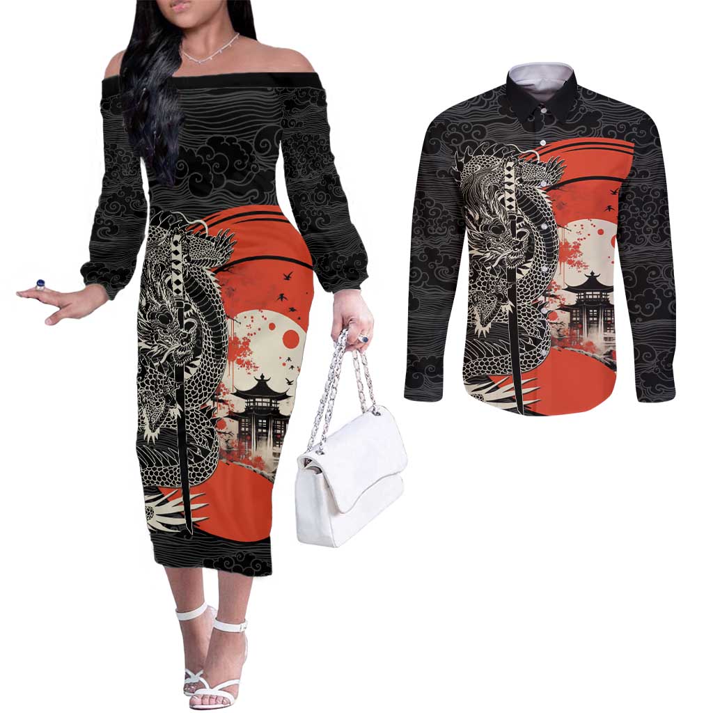 Japanese Dragon Katana Enso Couples Matching Off The Shoulder Long Sleeve Dress and Long Sleeve Button Shirt Japan Pagoda Seamless Cloud - Wonder Print Shop