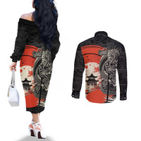 Japanese Dragon Katana Enso Couples Matching Off The Shoulder Long Sleeve Dress and Long Sleeve Button Shirt Japan Pagoda Seamless Cloud - Wonder Print Shop