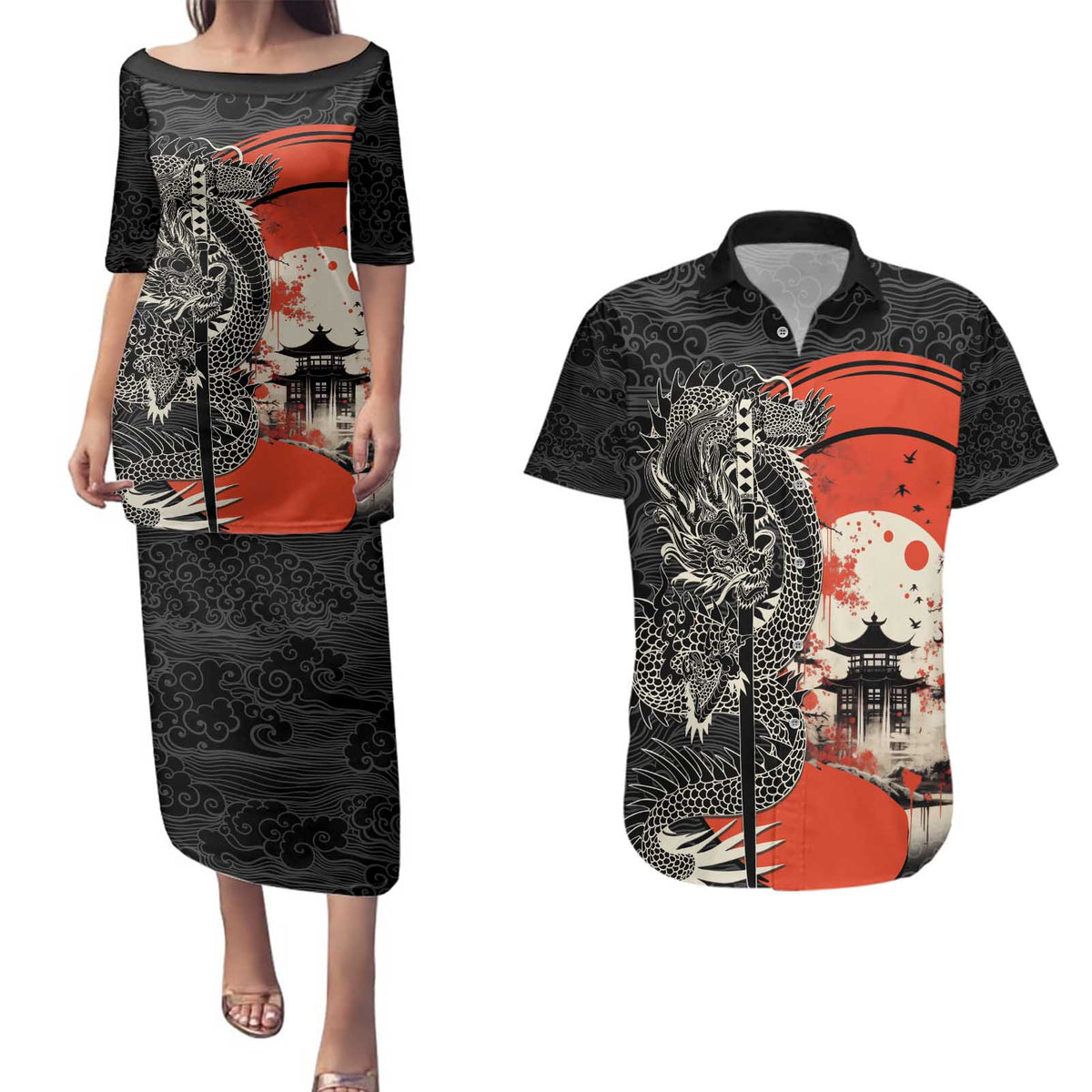 Japanese Dragon Katana Enso Couples Matching Puletasi and Hawaiian Shirt Japan Pagoda Seamless Cloud - Wonder Print Shop