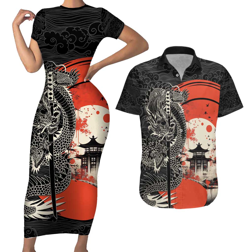Japanese Dragon Katana Enso Couples Matching Short Sleeve Bodycon Dress and Hawaiian Shirt Japan Pagoda Seamless Cloud - Wonder Print Shop
