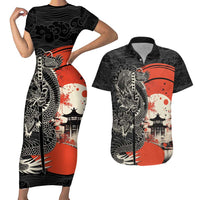 Japanese Dragon Katana Enso Couples Matching Short Sleeve Bodycon Dress and Hawaiian Shirt Japan Pagoda Seamless Cloud - Wonder Print Shop