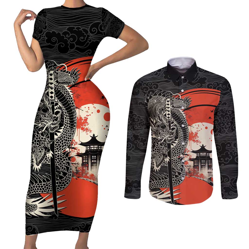 Japanese Dragon Katana Enso Couples Matching Short Sleeve Bodycon Dress and Long Sleeve Button Shirt Japan Pagoda Seamless Cloud - undefined