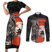 Japanese Dragon Katana Enso Couples Matching Short Sleeve Bodycon Dress and Long Sleeve Button Shirt Japan Pagoda Seamless Cloud - undefined
