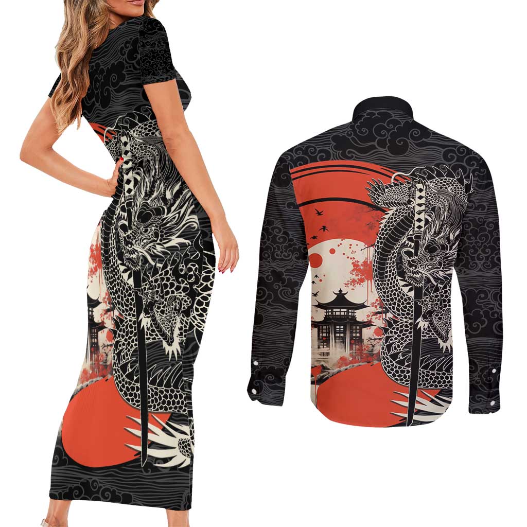 Japanese Dragon Katana Enso Couples Matching Short Sleeve Bodycon Dress and Long Sleeve Button Shirt Japan Pagoda Seamless Cloud - undefined