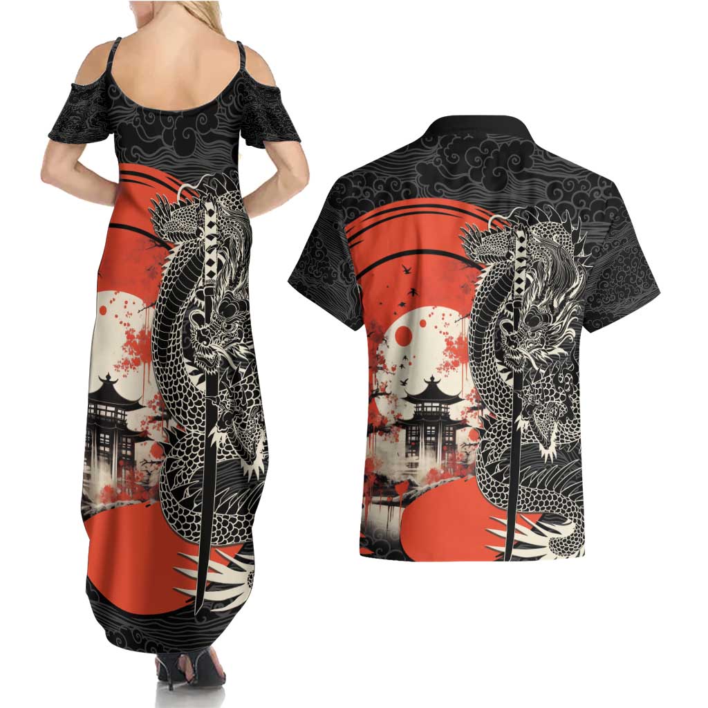 Japanese Dragon Katana Enso Couples Matching Summer Maxi Dress and Hawaiian Shirt Japan Pagoda Seamless Cloud - Wonder Print Shop