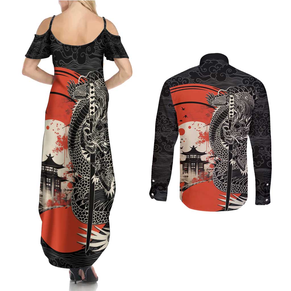 Japanese Dragon Katana Enso Couples Matching Summer Maxi Dress and Long Sleeve Button Shirt Japan Pagoda Seamless Cloud - Wonder Print Shop