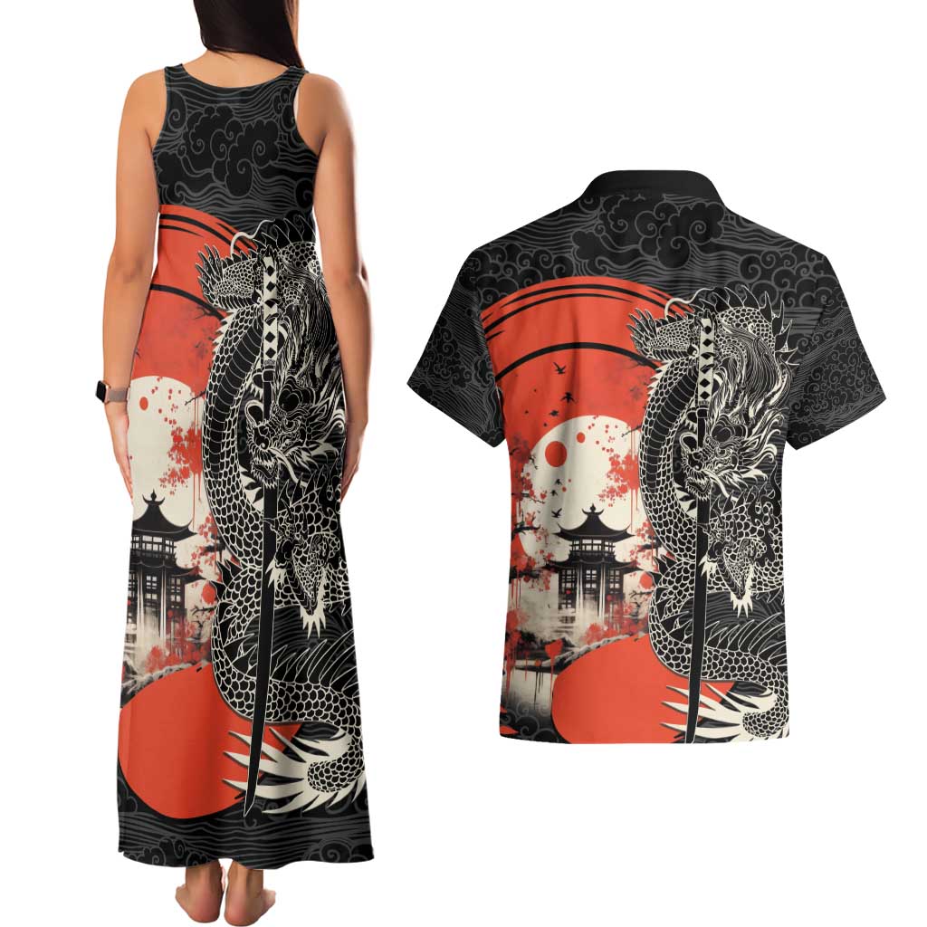 Japanese Dragon Katana Enso Couples Matching Tank Maxi Dress and Hawaiian Shirt Japan Pagoda Seamless Cloud - Wonder Print Shop
