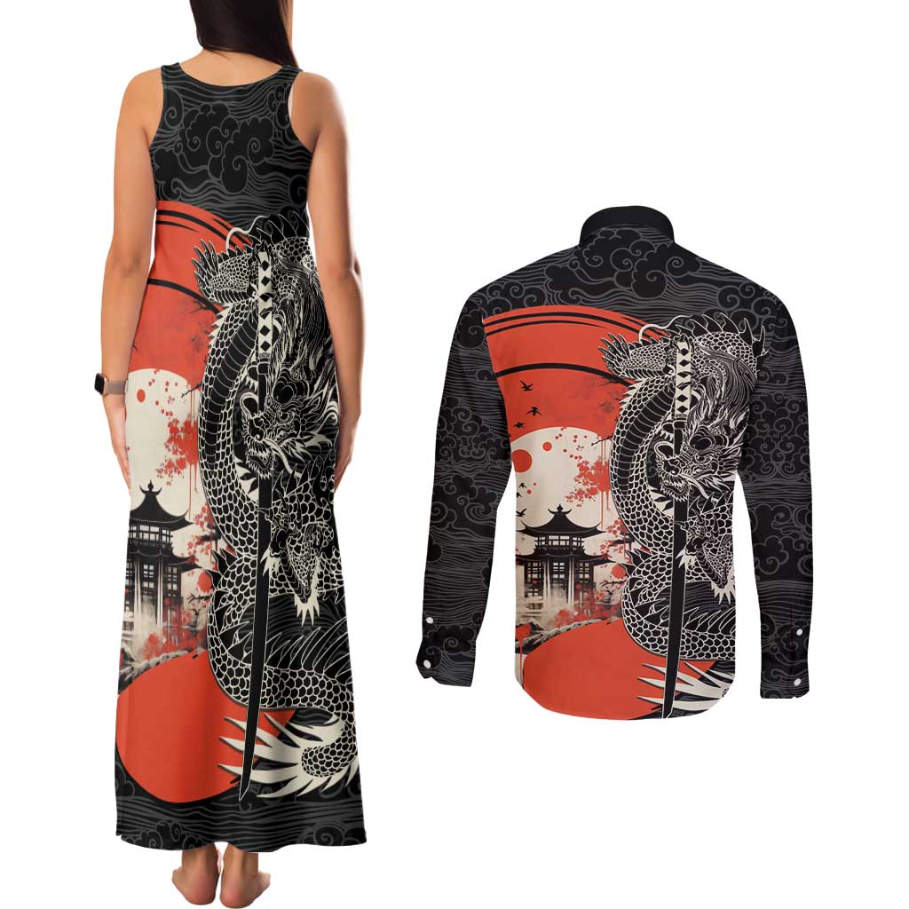 Japanese Dragon Katana Enso Couples Matching Tank Maxi Dress and Long Sleeve Button Shirt Japan Pagoda Seamless Cloud - Wonder Print Shop
