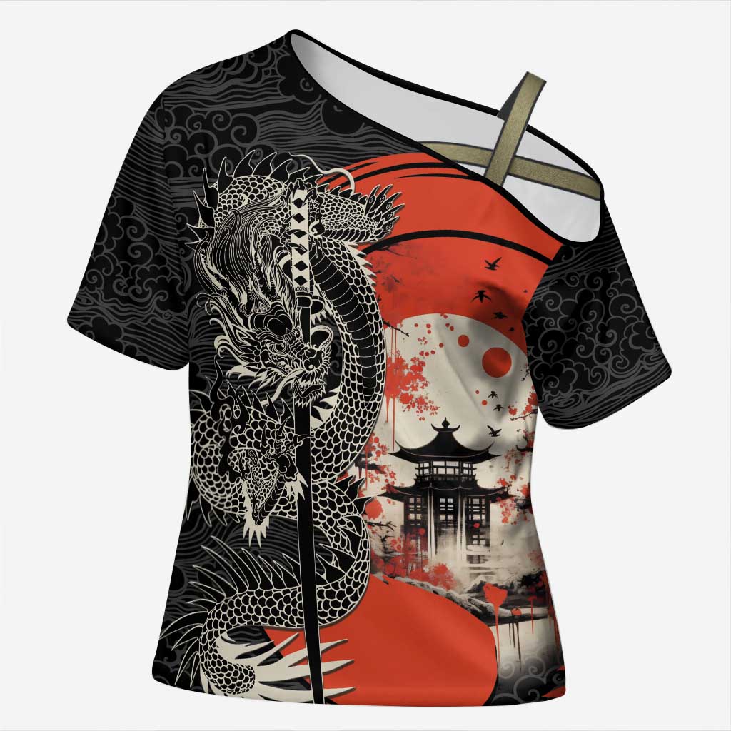 Japanese Dragon Katana Enso Cross Shoulder Shirt Japan Pagoda Seamless Cloud - Wonder Print Shop