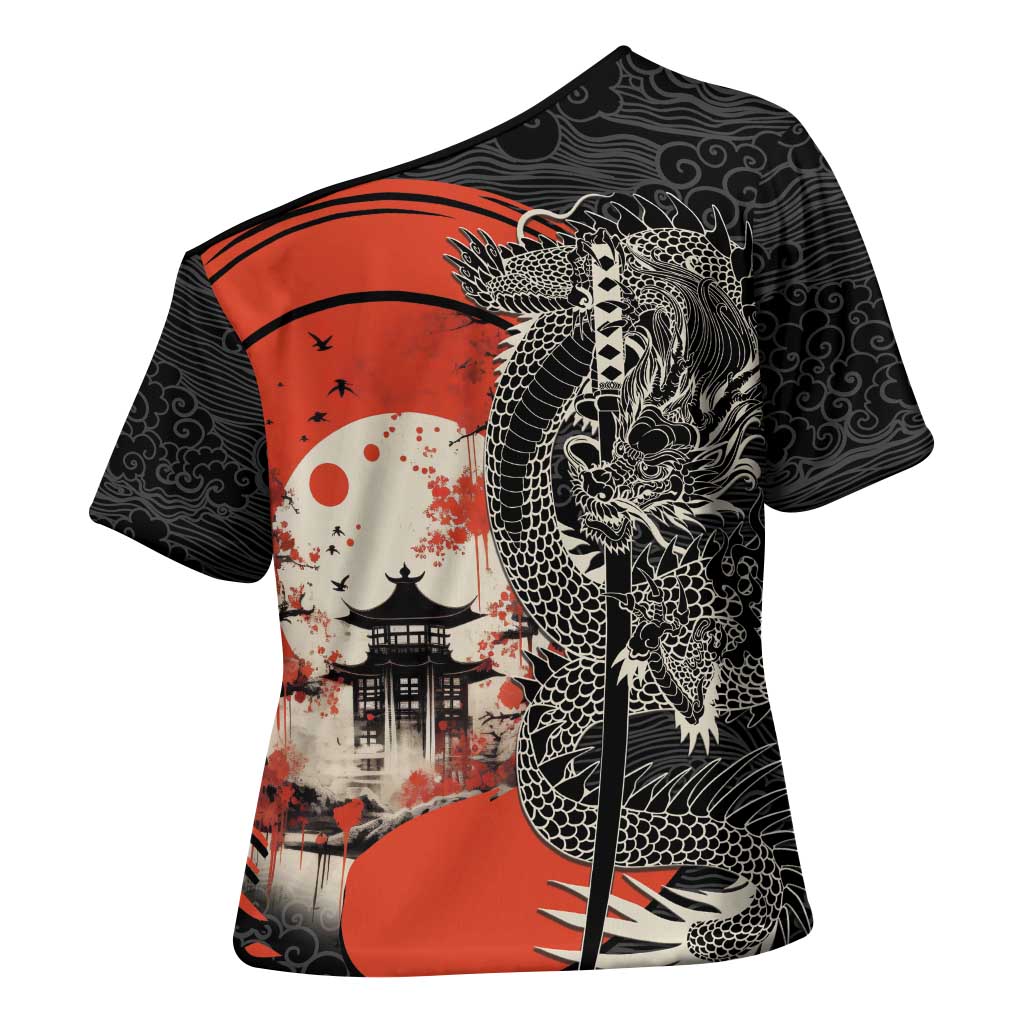 Japanese Dragon Katana Enso Cross Shoulder Shirt Japan Pagoda Seamless Cloud - Wonder Print Shop