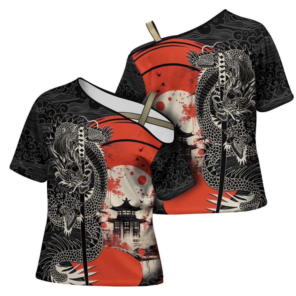 Japanese Dragon Katana Enso Cross Shoulder Shirt Japan Pagoda Seamless Cloud - Wonder Print Shop