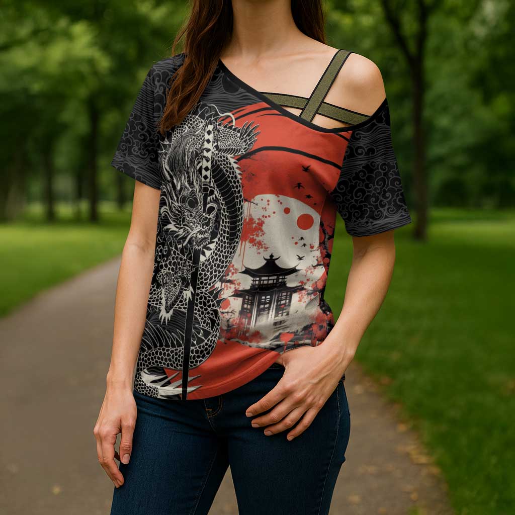 Japanese Dragon Katana Enso Cross Shoulder Shirt Japan Pagoda Seamless Cloud - Wonder Print Shop