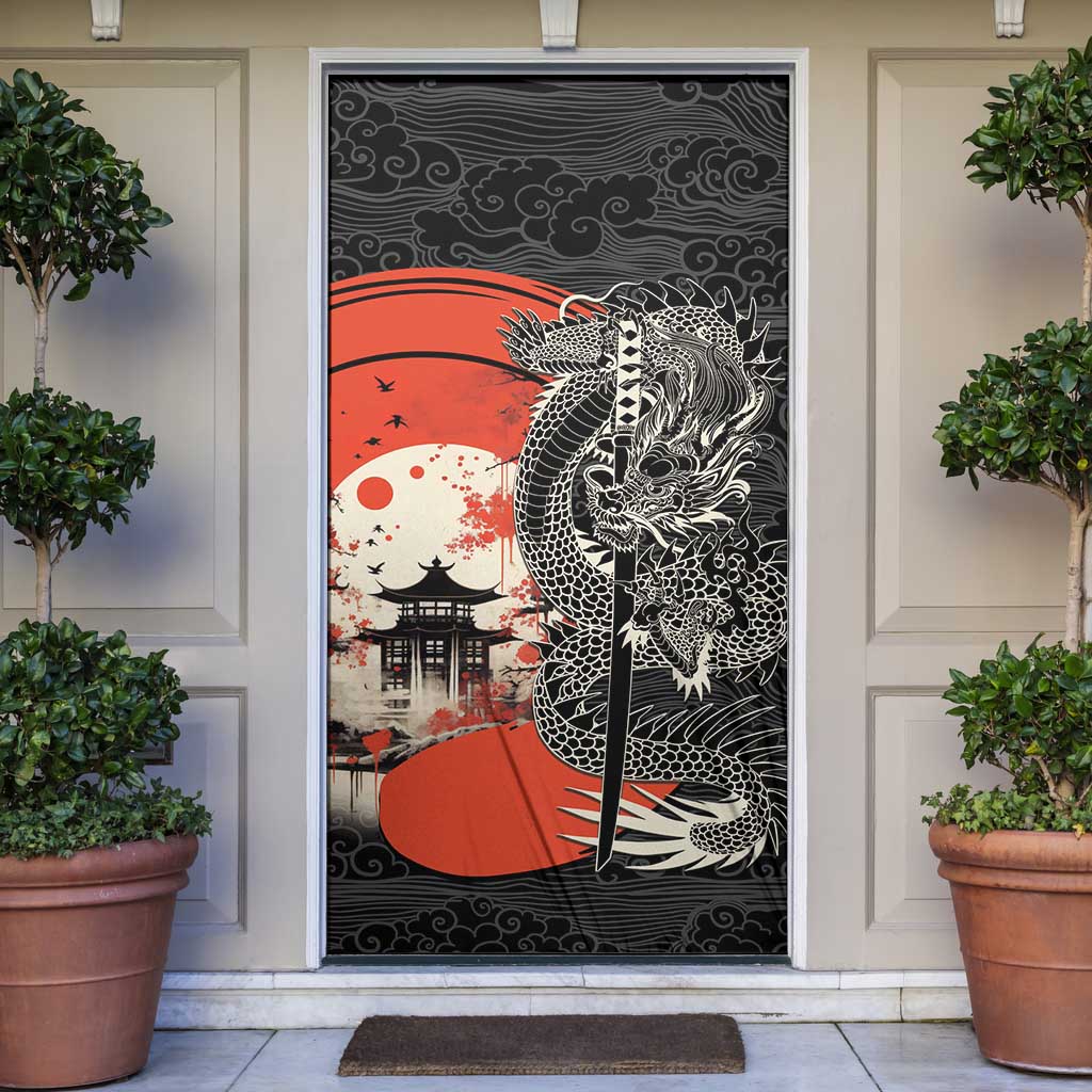 Japanese Dragon Katana Enso Door Cover Japan Pagoda Seamless Cloud - Wonder Print Shop