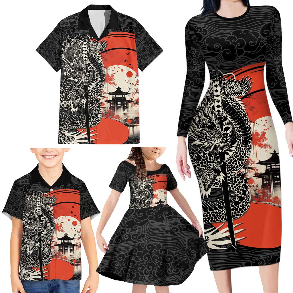 Japanese Dragon Katana Enso Family Matching Long Sleeve Bodycon Dress and Hawaiian Shirt Japan Pagoda Seamless Cloud - Wonder Print Shop