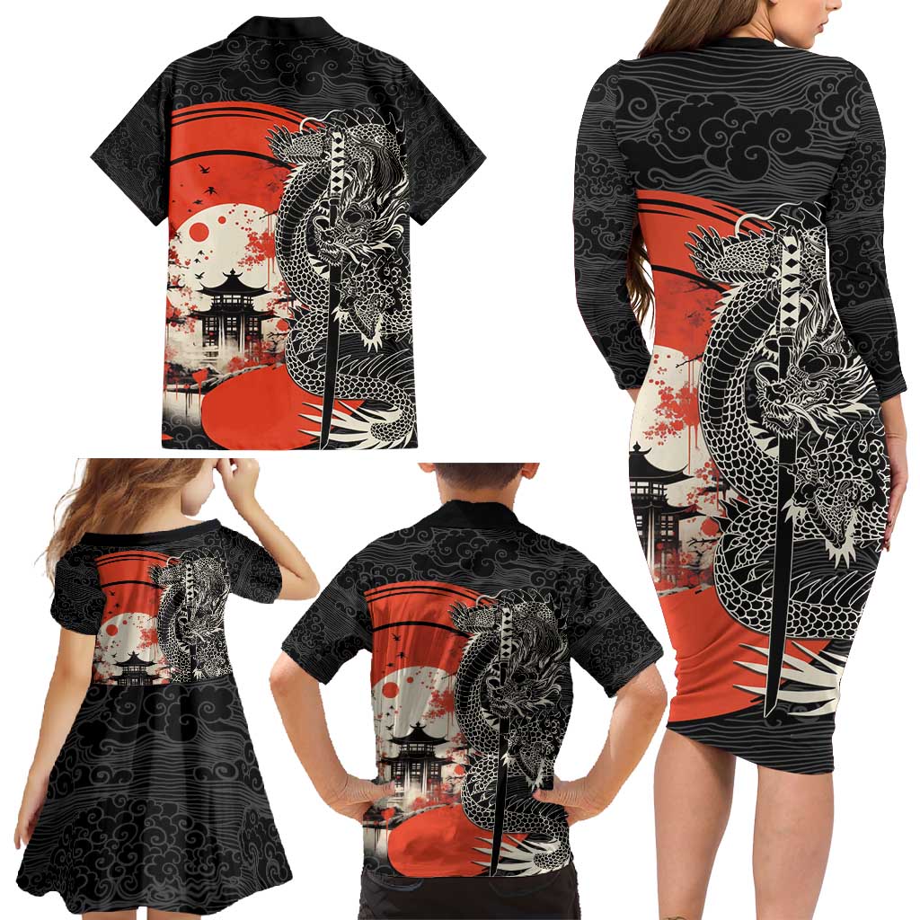 Japanese Dragon Katana Enso Family Matching Long Sleeve Bodycon Dress and Hawaiian Shirt Japan Pagoda Seamless Cloud - Wonder Print Shop