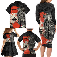 Japanese Dragon Katana Enso Family Matching Long Sleeve Bodycon Dress and Hawaiian Shirt Japan Pagoda Seamless Cloud - Wonder Print Shop