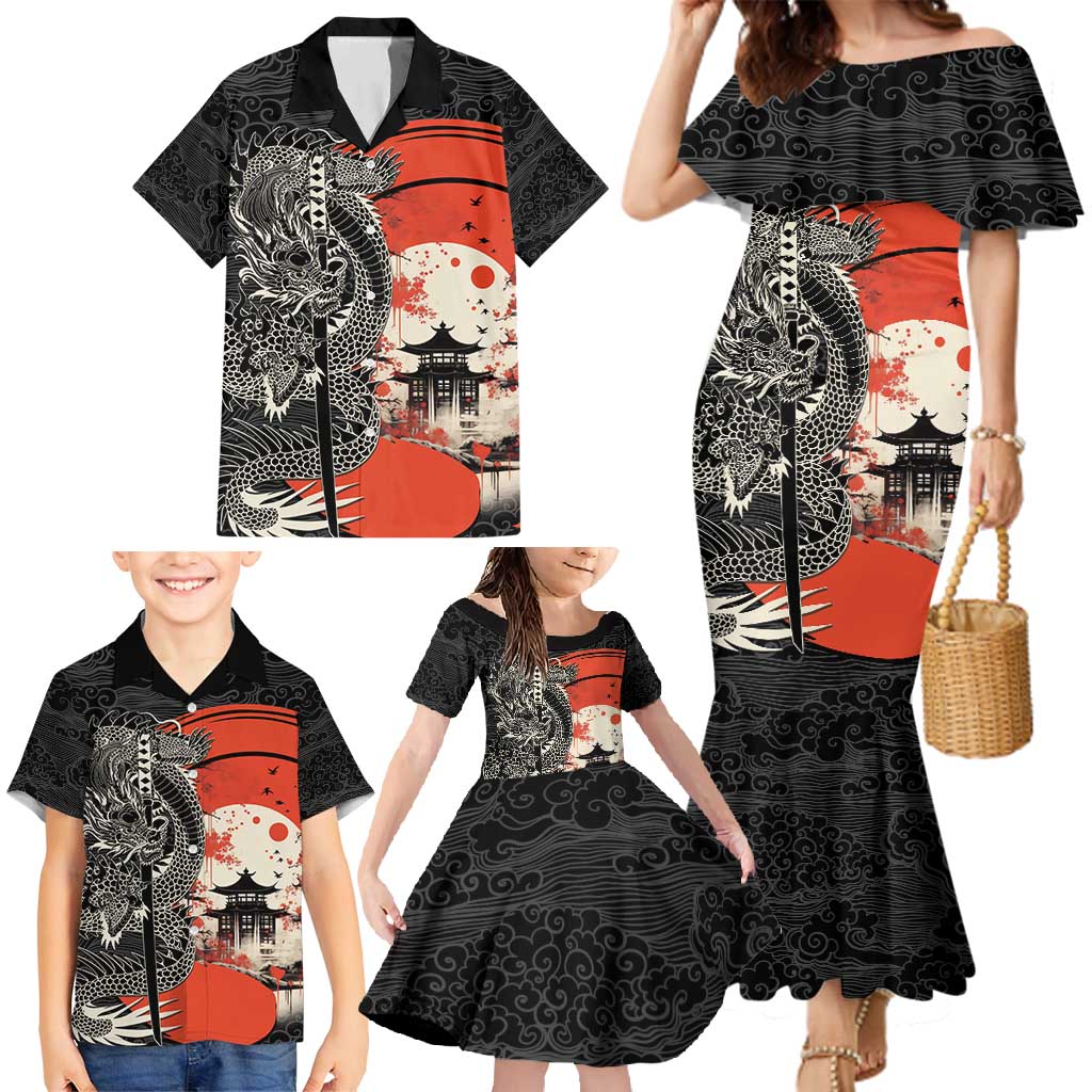Japanese Dragon Katana Enso Family Matching Mermaid Dress and Hawaiian Shirt Japan Pagoda Seamless Cloud - Wonder Print Shop