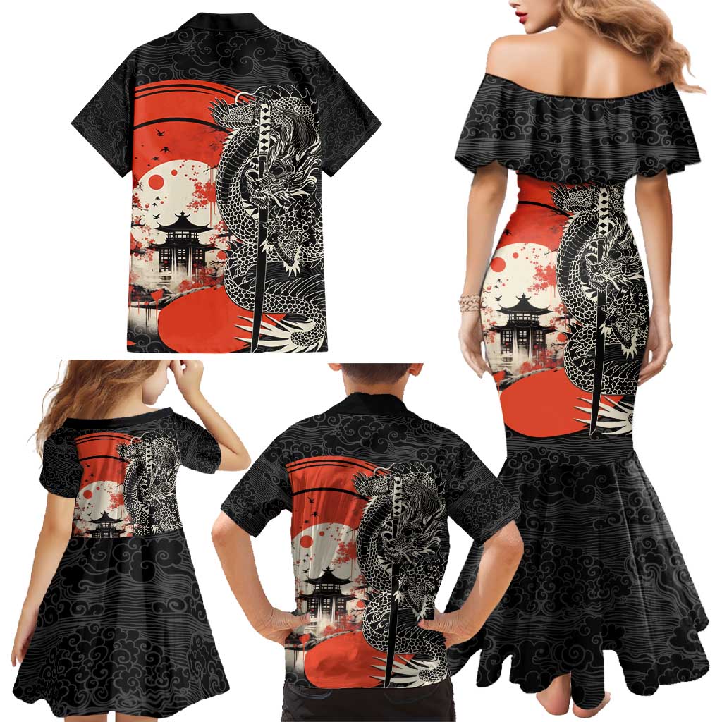 Japanese Dragon Katana Enso Family Matching Mermaid Dress and Hawaiian Shirt Japan Pagoda Seamless Cloud - Wonder Print Shop