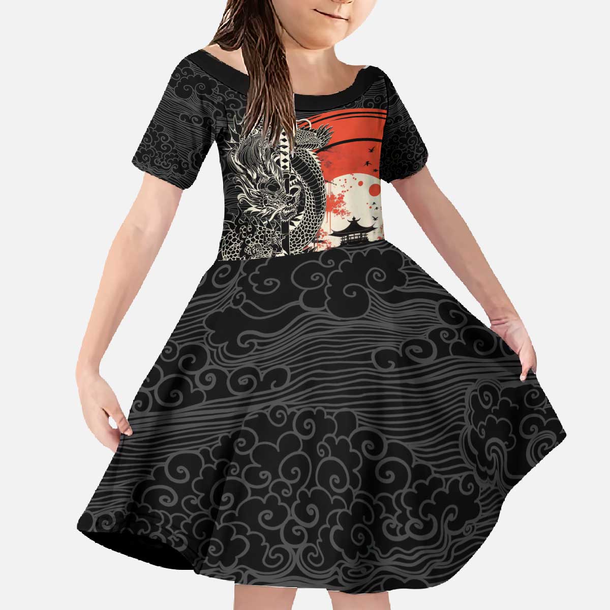 Japanese Dragon Katana Enso Family Matching Off The Shoulder Long Sleeve Dress and Hawaiian Shirt Japan Pagoda Seamless Cloud - Wonder Print Shop