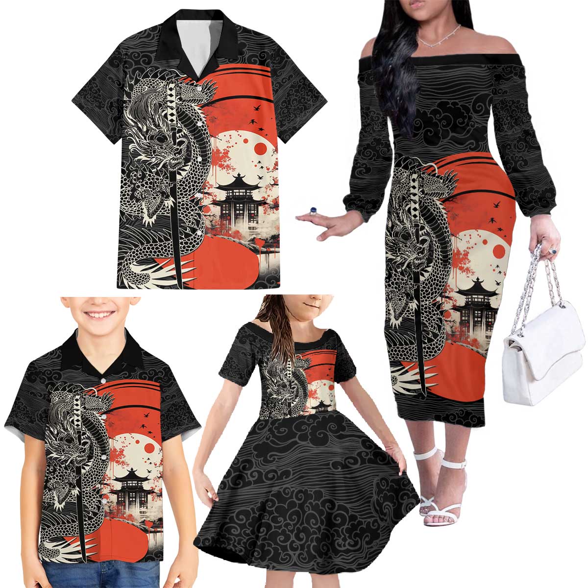 Japanese Dragon Katana Enso Family Matching Off The Shoulder Long Sleeve Dress and Hawaiian Shirt Japan Pagoda Seamless Cloud - Wonder Print Shop