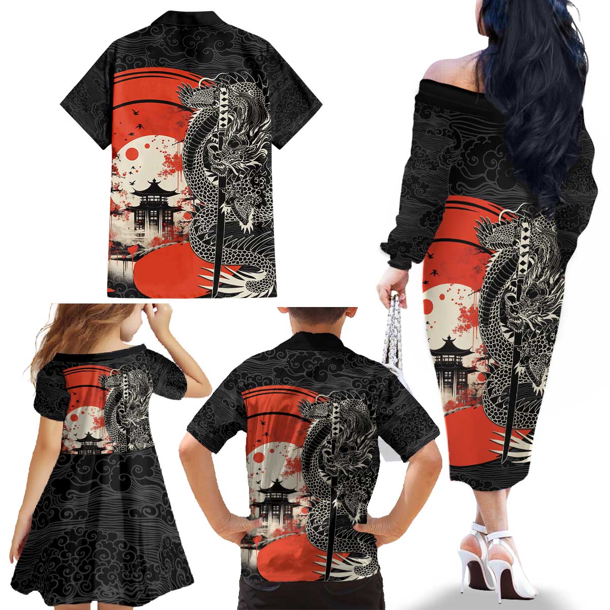 Japanese Dragon Katana Enso Family Matching Off The Shoulder Long Sleeve Dress and Hawaiian Shirt Japan Pagoda Seamless Cloud - Wonder Print Shop