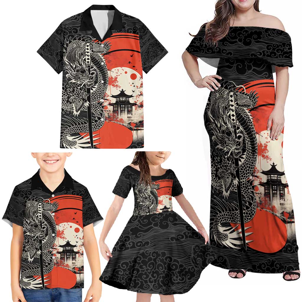Japanese Dragon Katana Enso Family Matching Off Shoulder Maxi Dress and Hawaiian Shirt Japan Pagoda Seamless Cloud - Wonder Print Shop