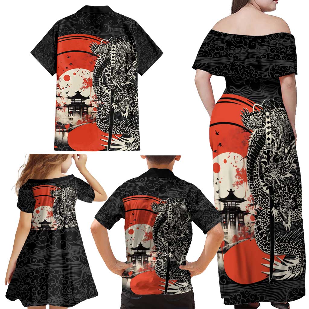 Japanese Dragon Katana Enso Family Matching Off Shoulder Maxi Dress and Hawaiian Shirt Japan Pagoda Seamless Cloud - Wonder Print Shop