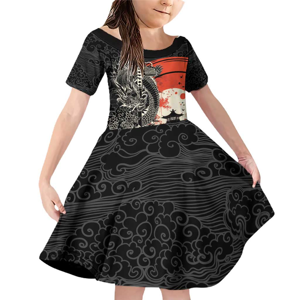 Japanese Dragon Katana Enso Family Matching Off Shoulder Short Dress and Hawaiian Shirt Japan Pagoda Seamless Cloud - Wonder Print Shop