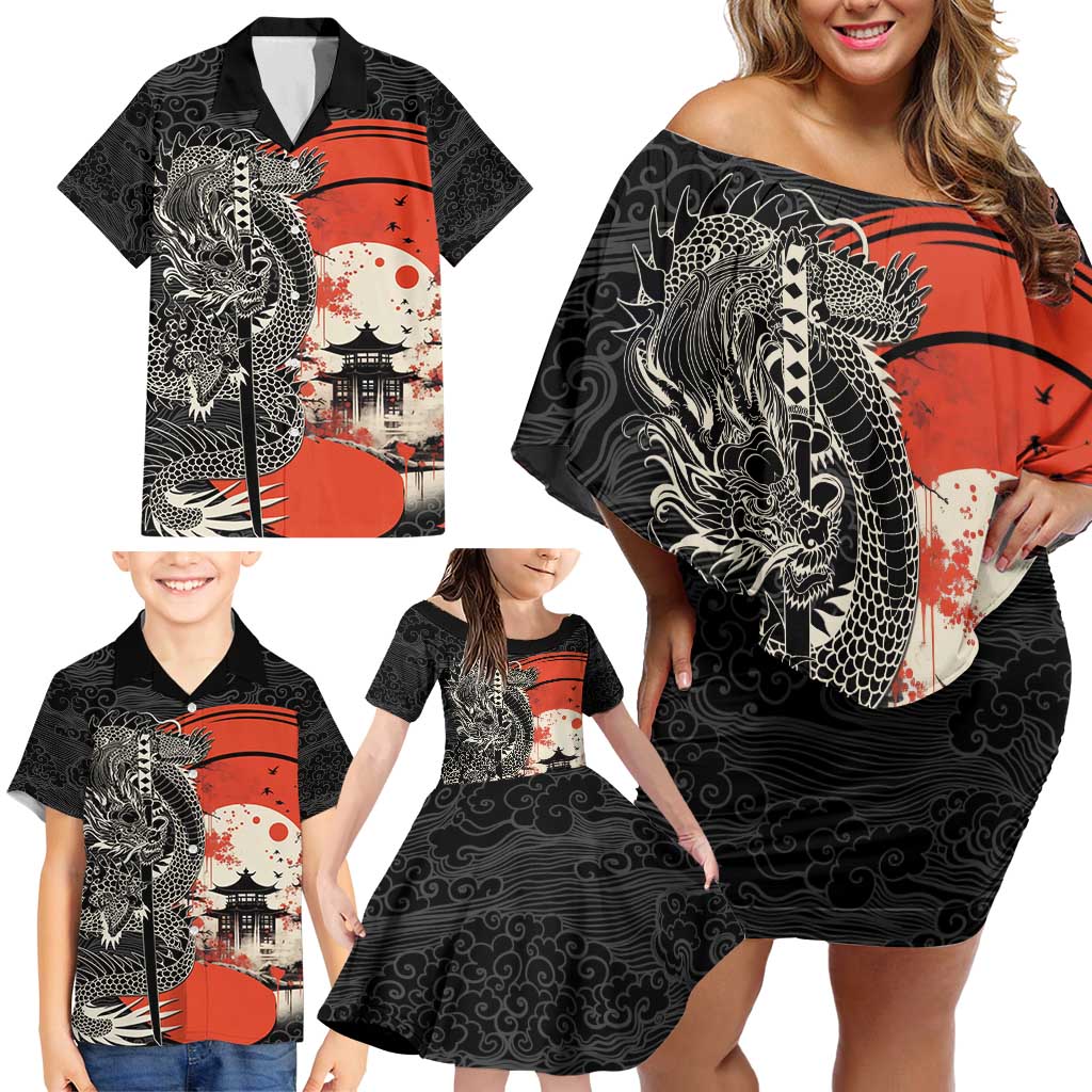 Japanese Dragon Katana Enso Family Matching Off Shoulder Short Dress and Hawaiian Shirt Japan Pagoda Seamless Cloud - Wonder Print Shop