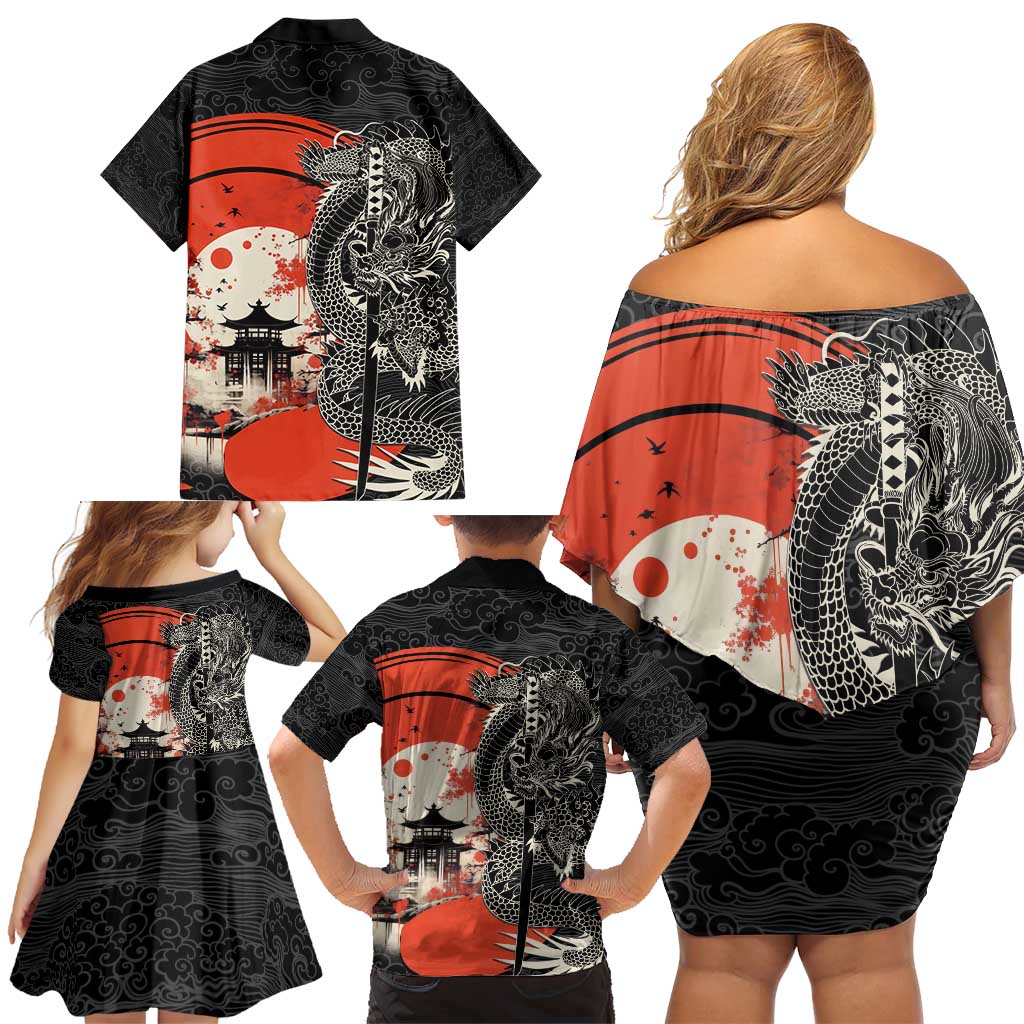 Japanese Dragon Katana Enso Family Matching Off Shoulder Short Dress and Hawaiian Shirt Japan Pagoda Seamless Cloud - Wonder Print Shop