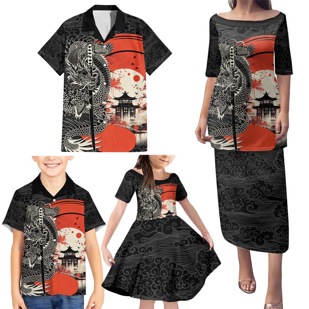 Japanese Dragon Katana Enso Family Matching Puletasi and Hawaiian Shirt Japan Pagoda Seamless Cloud - Wonder Print Shop