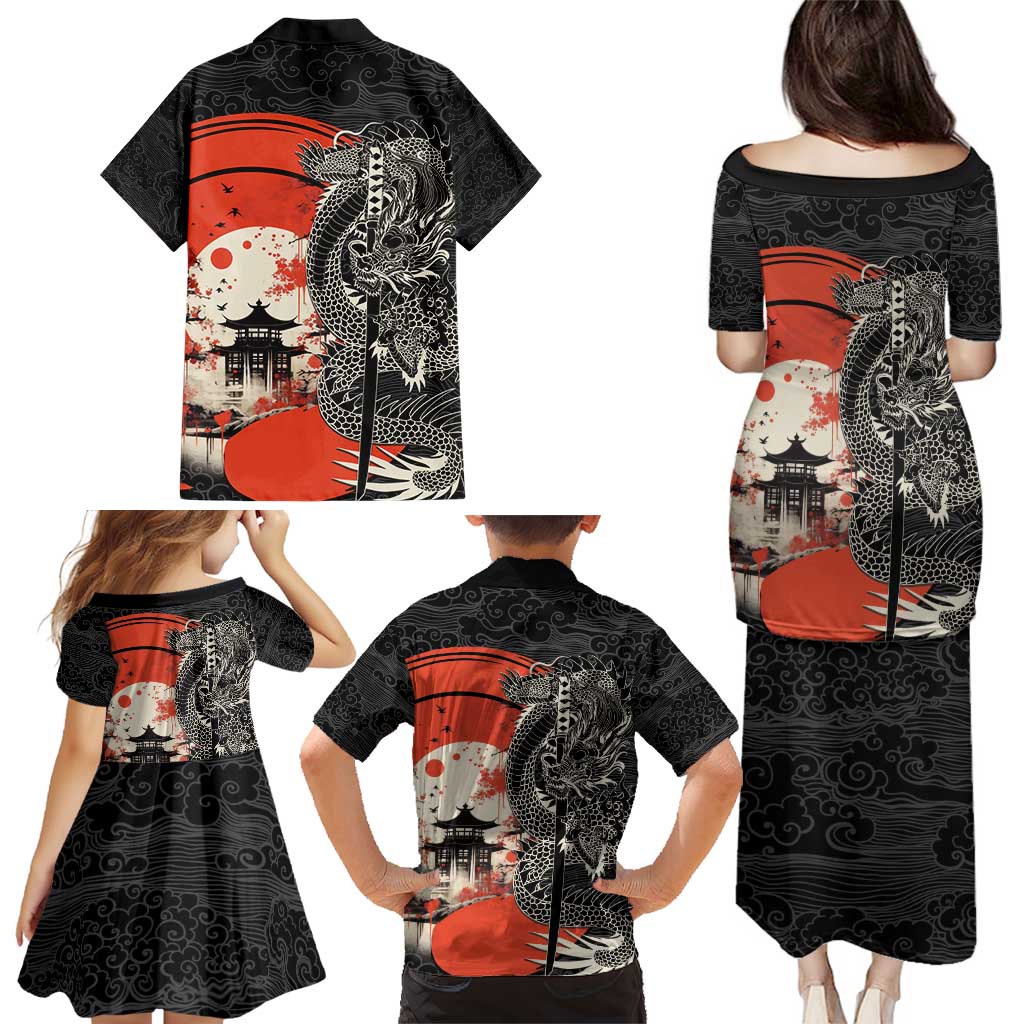 Japanese Dragon Katana Enso Family Matching Puletasi and Hawaiian Shirt Japan Pagoda Seamless Cloud - Wonder Print Shop