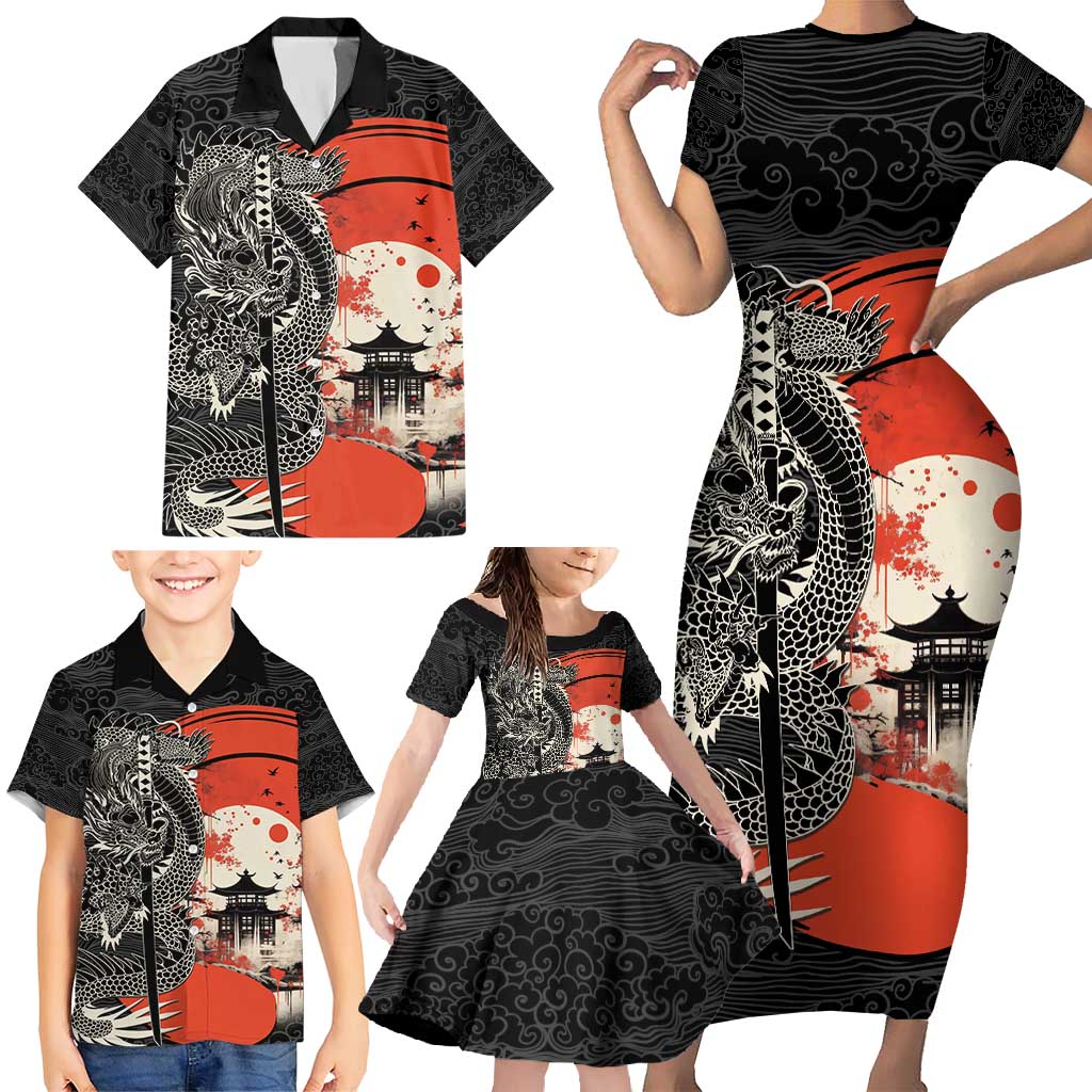 Japanese Dragon Katana Enso Family Matching Short Sleeve Bodycon Dress and Hawaiian Shirt Japan Pagoda Seamless Cloud - Wonder Print Shop