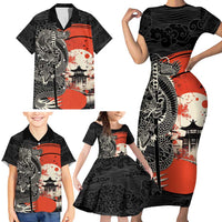 Japanese Dragon Katana Enso Family Matching Short Sleeve Bodycon Dress and Hawaiian Shirt Japan Pagoda Seamless Cloud - Wonder Print Shop