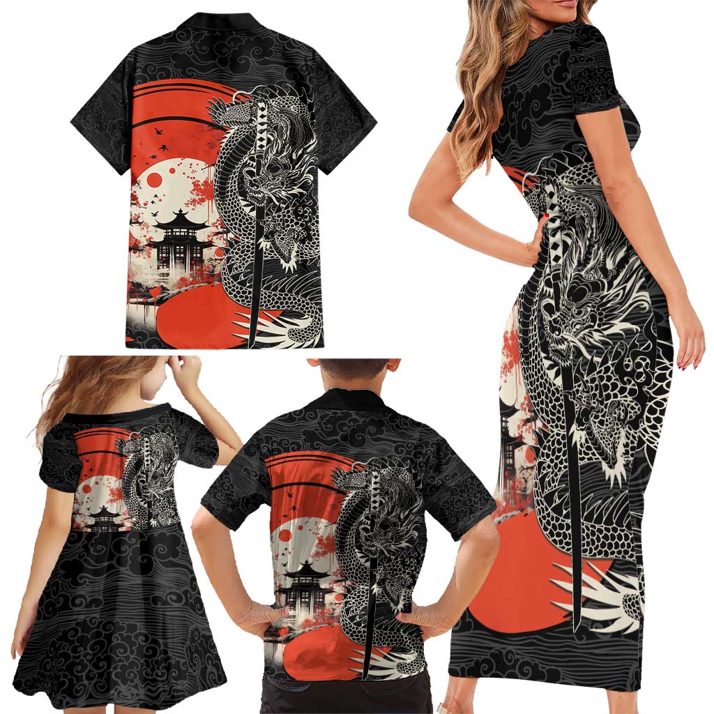 Japanese Dragon Katana Enso Family Matching Short Sleeve Bodycon Dress and Hawaiian Shirt Japan Pagoda Seamless Cloud - Wonder Print Shop