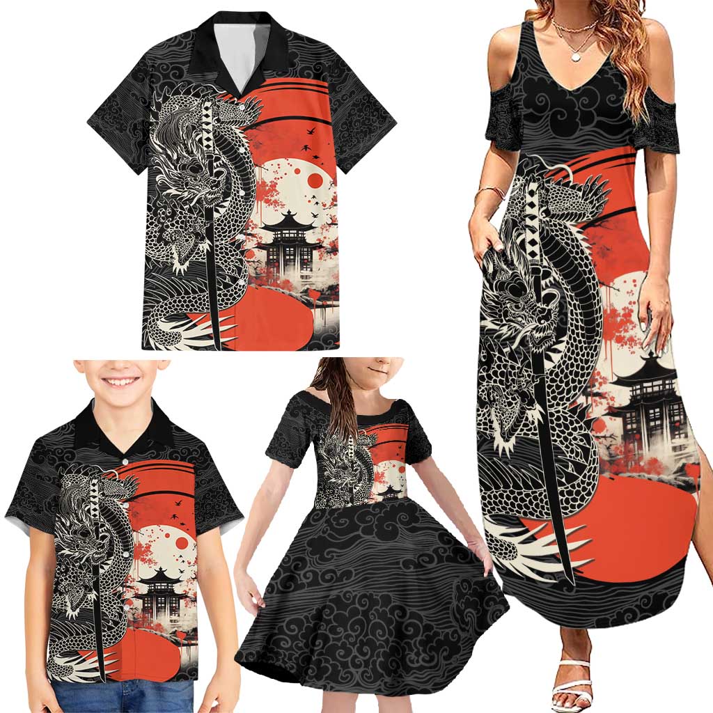 Japanese Dragon Katana Enso Family Matching Summer Maxi Dress and Hawaiian Shirt Japan Pagoda Seamless Cloud - Wonder Print Shop