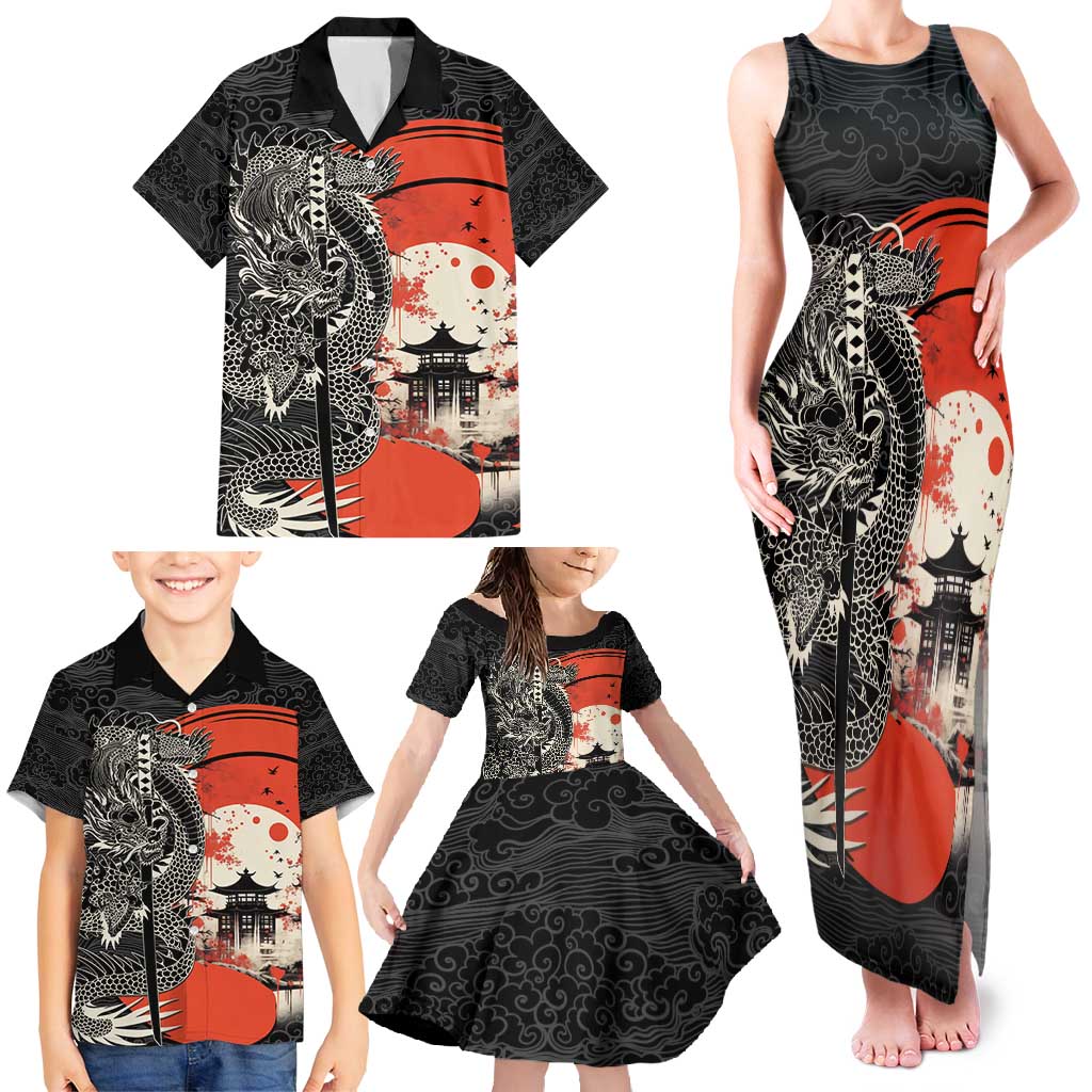 Japanese Dragon Katana Enso Family Matching Tank Maxi Dress and Hawaiian Shirt Japan Pagoda Seamless Cloud - Wonder Print Shop