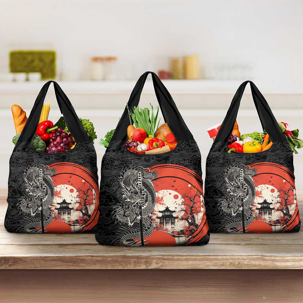 Japanese Dragon Katana Enso Grocery Bag Japan Pagoda Seamless Cloud - Wonder Print Shop