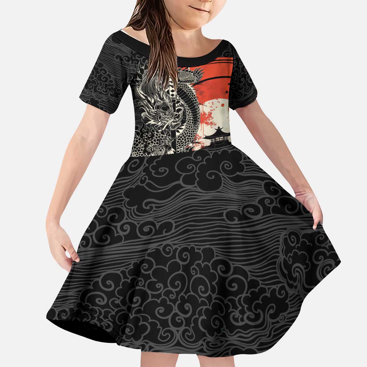 Japanese Dragon Katana Enso Kid Short Sleeve Dress Japan Pagoda Seamless Cloud - Wonder Print Shop
