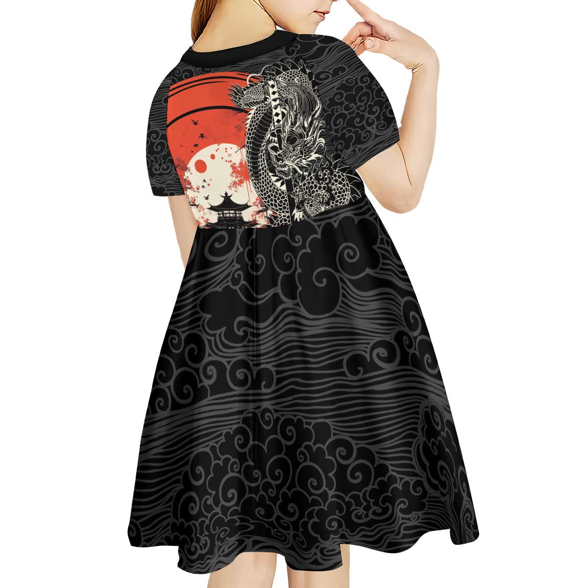 Japanese Dragon Katana Enso Kid Short Sleeve Dress Japan Pagoda Seamless Cloud - Wonder Print Shop