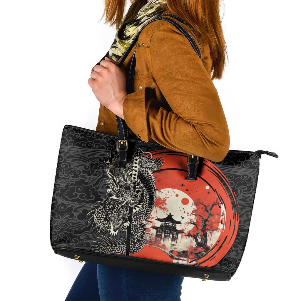 Japanese Dragon Katana Enso Leather Tote Bag Japan Pagoda Seamless Cloud - undefined