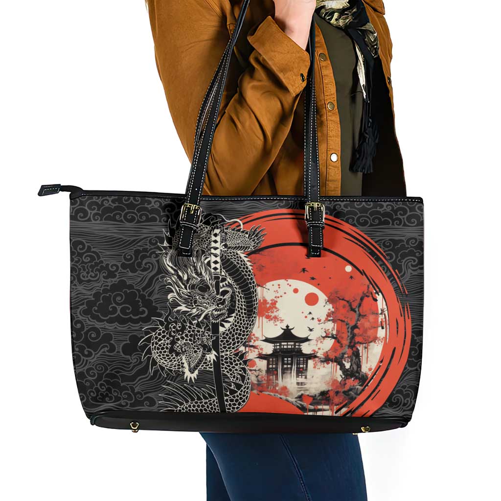 Japanese Dragon Katana Enso Leather Tote Bag Japan Pagoda Seamless Cloud - undefined