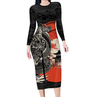Japanese Dragon Katana Enso Long Sleeve Bodycon Dress Japan Pagoda Seamless Cloud - Wonder Print Shop