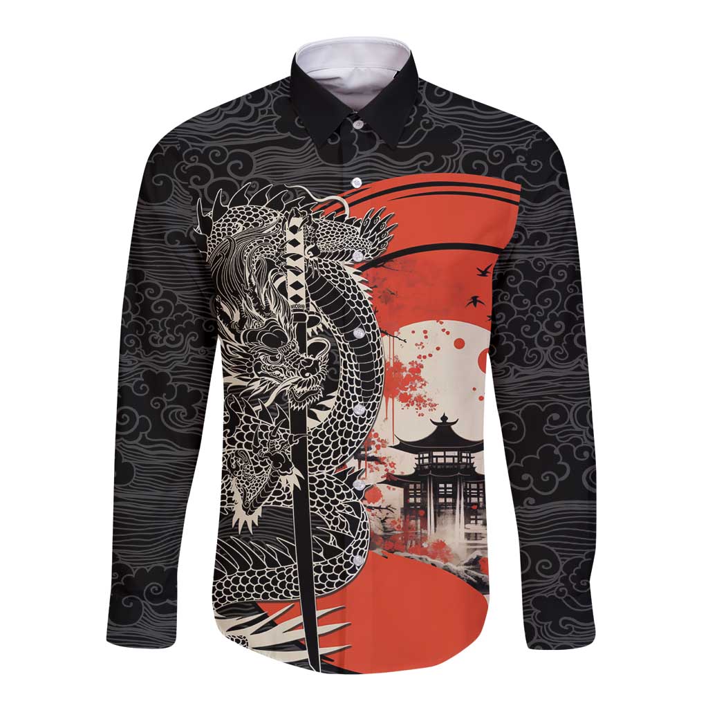 Japanese Dragon Katana Enso Long Sleeve Button Shirt Japan Pagoda Seamless Cloud - Wonder Print Shop