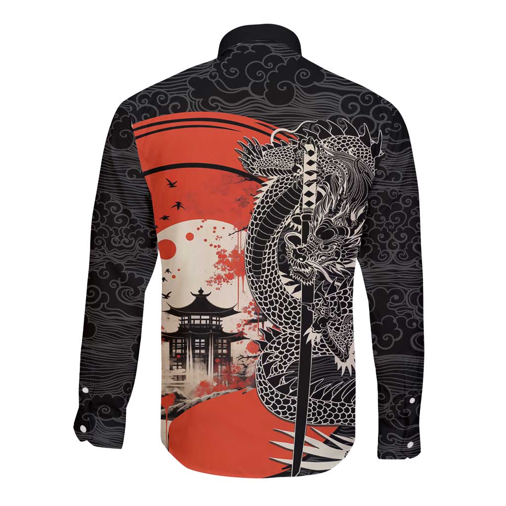 Japanese Dragon Katana Enso Long Sleeve Button Shirt Japan Pagoda Seamless Cloud - Wonder Print Shop